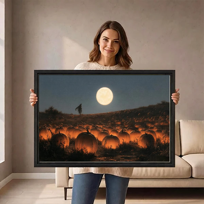 Moonlit Glowing Pumpkin Field artwork held in a black frame by a woman beside a cream sofa.