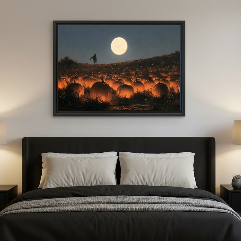 Moonlit Glowing Pumpkin Field artwork in a black frame above a bed with dark headboard.