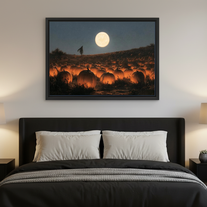 Moonlit Glowing Pumpkin Field artwork in a black frame above a bed with dark headboard.