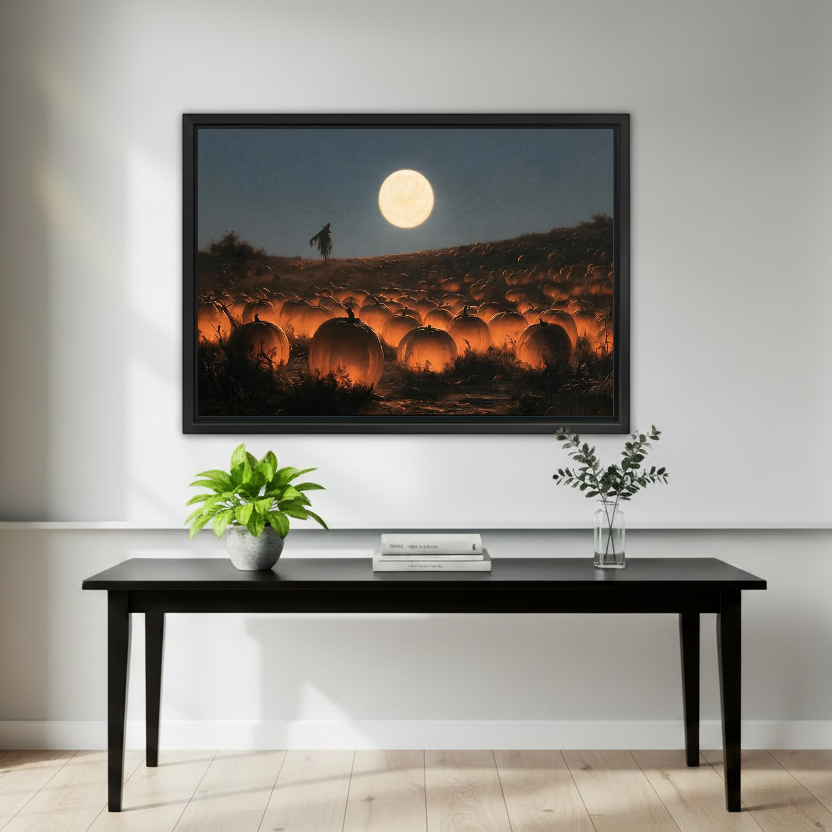 Moonlit Glowing Pumpkin Field artwork in a black frame above a black console with plants.