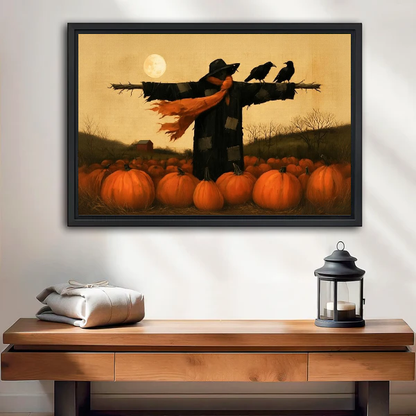 Autumn scarecrow canvas wall art displayed in a black frame above a wooden table and lantern.