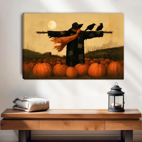 Autumn scarecrow canvas wall art shown as an unframed canvas above a warm wooden table.