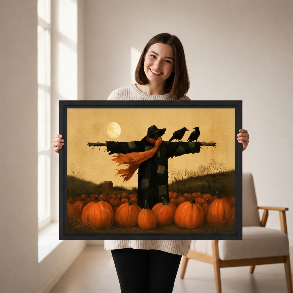 Woman holding framed autumn scarecrow canvas wall art in a softly lit neutral living room.