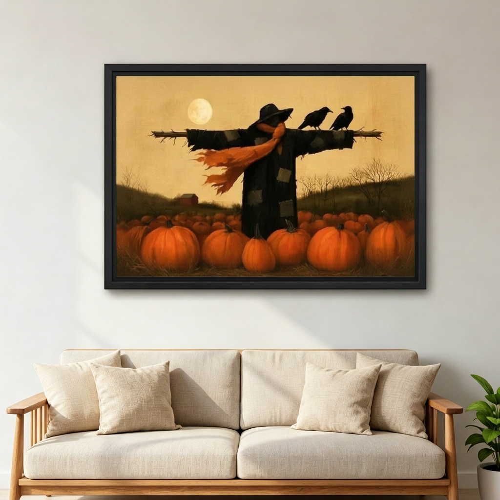 Autumn scarecrow canvas wall art in a black frame above a cream sofa with wooden arms.