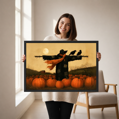 Woman holding framed autumn scarecrow canvas wall art in a softly lit neutral living room.