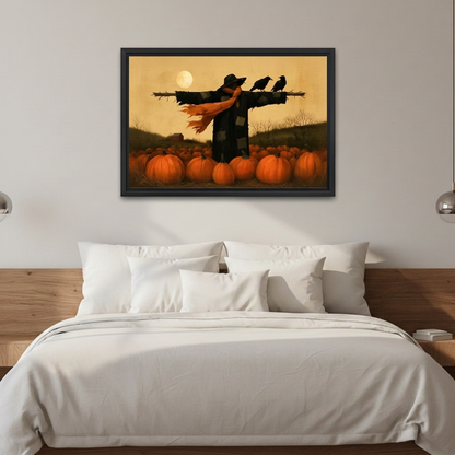 Autumn scarecrow canvas wall art displayed above a white bed in a calm neutral bedroom.
