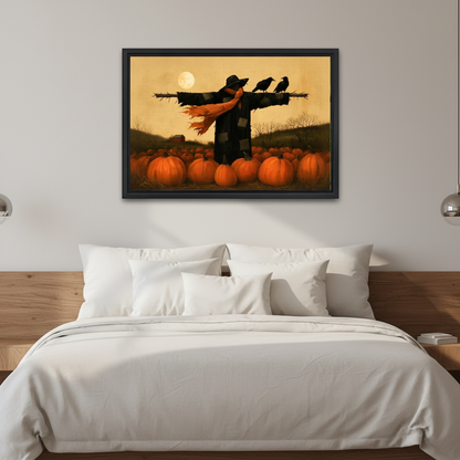 Autumn scarecrow canvas wall art displayed above a white bed in a calm neutral bedroom.