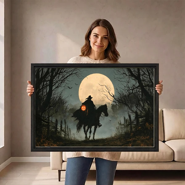 Gothic Moonlit Witch Rider artwork held in a black frame by a woman beside a cream sofa.