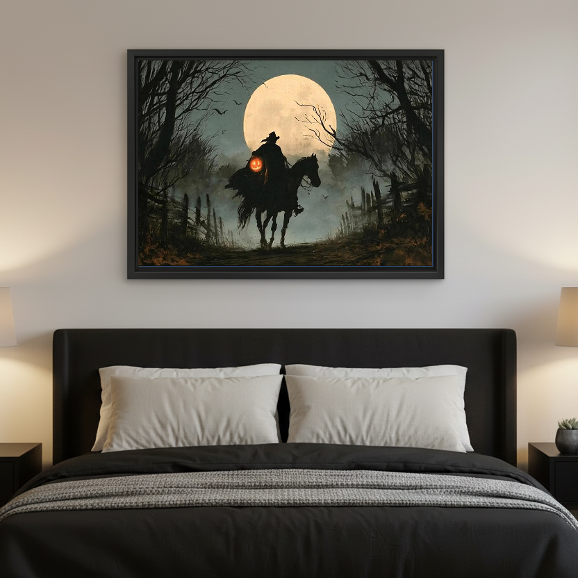 Gothic Moonlit Witch Rider artwork in a black frame above a bed with dark headboard.