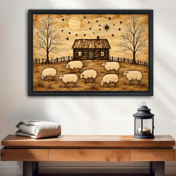 Rustic Cabin Sheep artwork in a black frame above a wooden table and lantern.