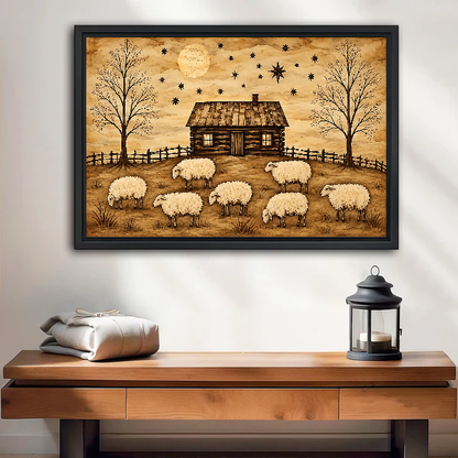 Rustic Cabin Sheep artwork in a black frame above a wooden table and lantern.