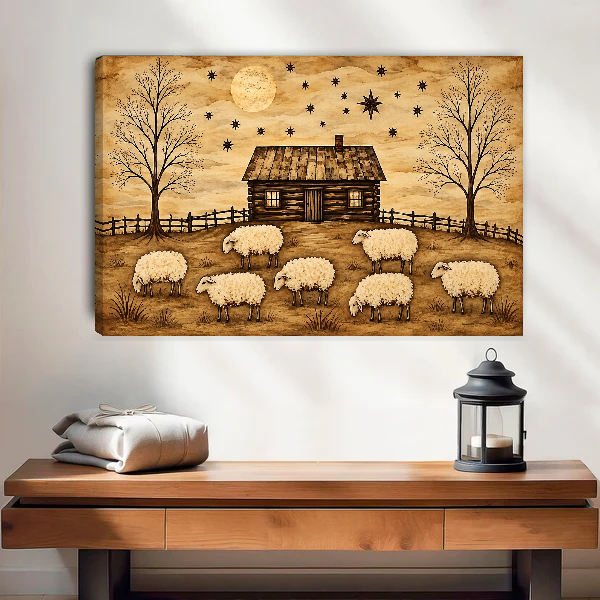 Rustic Cabin Sheep artwork as unframed canvas above a warm wooden table.
