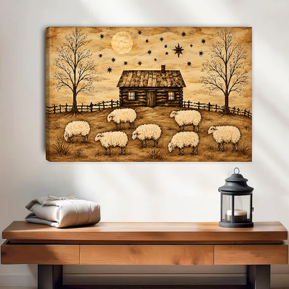 Rustic Cabin Sheep artwork as unframed canvas above a warm wooden table.