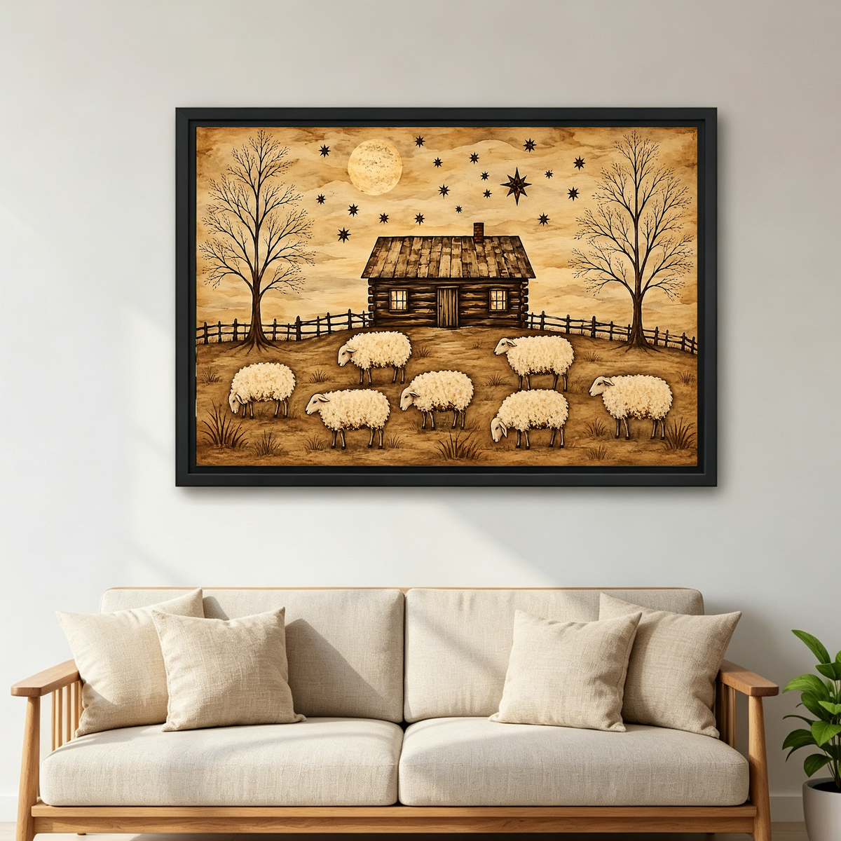 Rustic Cabin Sheep artwork in a black frame above a cream sofa with wooden arms.