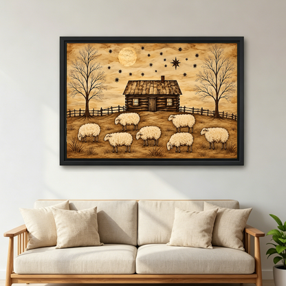 Rustic Cabin Sheep artwork in a black frame above a cream sofa with wooden arms.