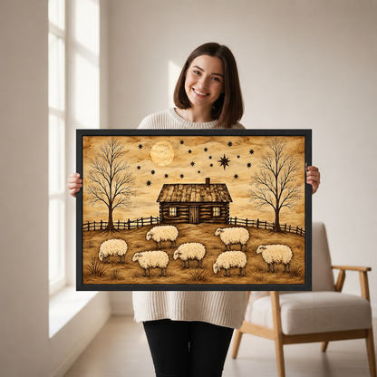 Rustic Cabin Sheep artwork held by a woman in a softly lit neutral living room.