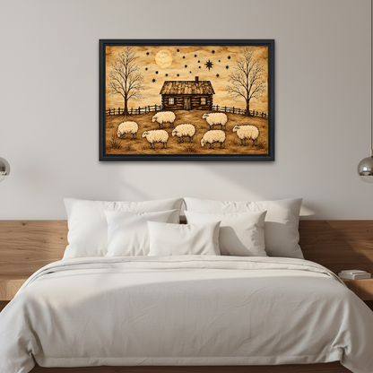 Rustic Cabin Sheep artwork in a black frame above a white bed in a calm bedroom.