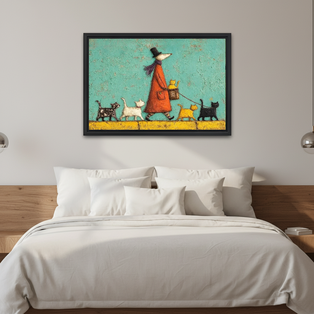Whimsical cat walk canvas wall art displayed above a white bed in a calm neutral bedroom.