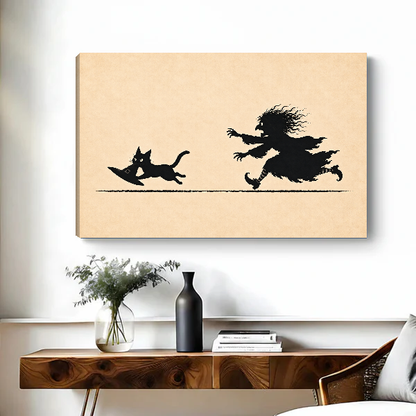 Funny Witch Cat Chase artwork as unframed canvas above a wooden desk with black vase.
