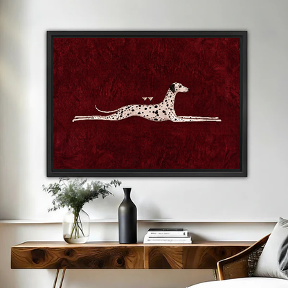 Surreal Dalmatian Cocktail artwork in a black frame above a live-edge wooden desk.