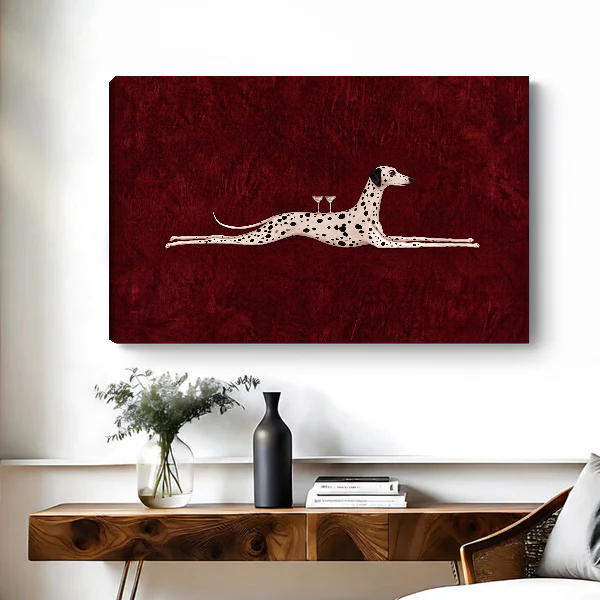 Surreal Dalmatian Cocktail artwork as unframed canvas above a wooden desk with black vase.