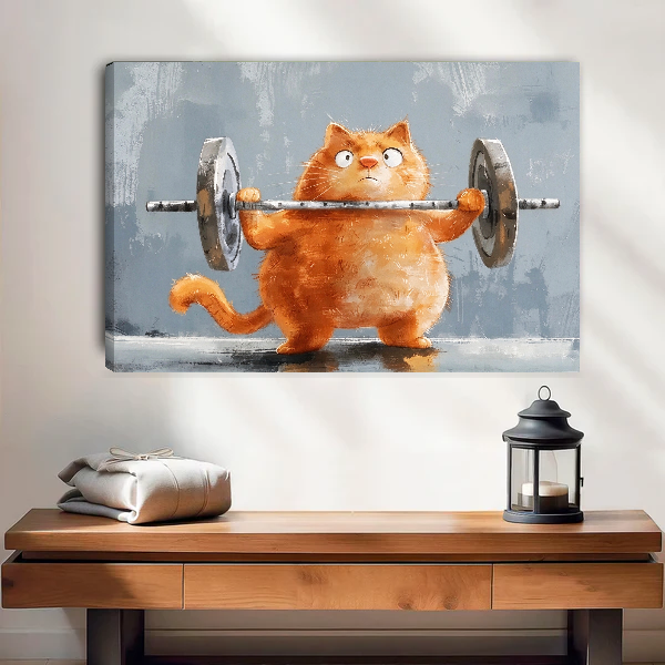 Weightlifting cat canvas wall art shown as an unframed canvas above a warm wooden table.