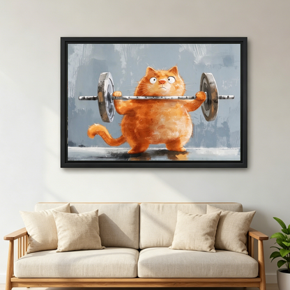 Weightlifting cat canvas wall art in a black frame above a cream sofa with wooden arms.