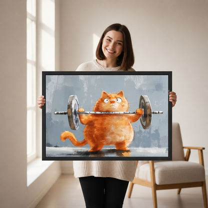 Woman holding framed weightlifting cat canvas wall art in a softly lit neutral living room.