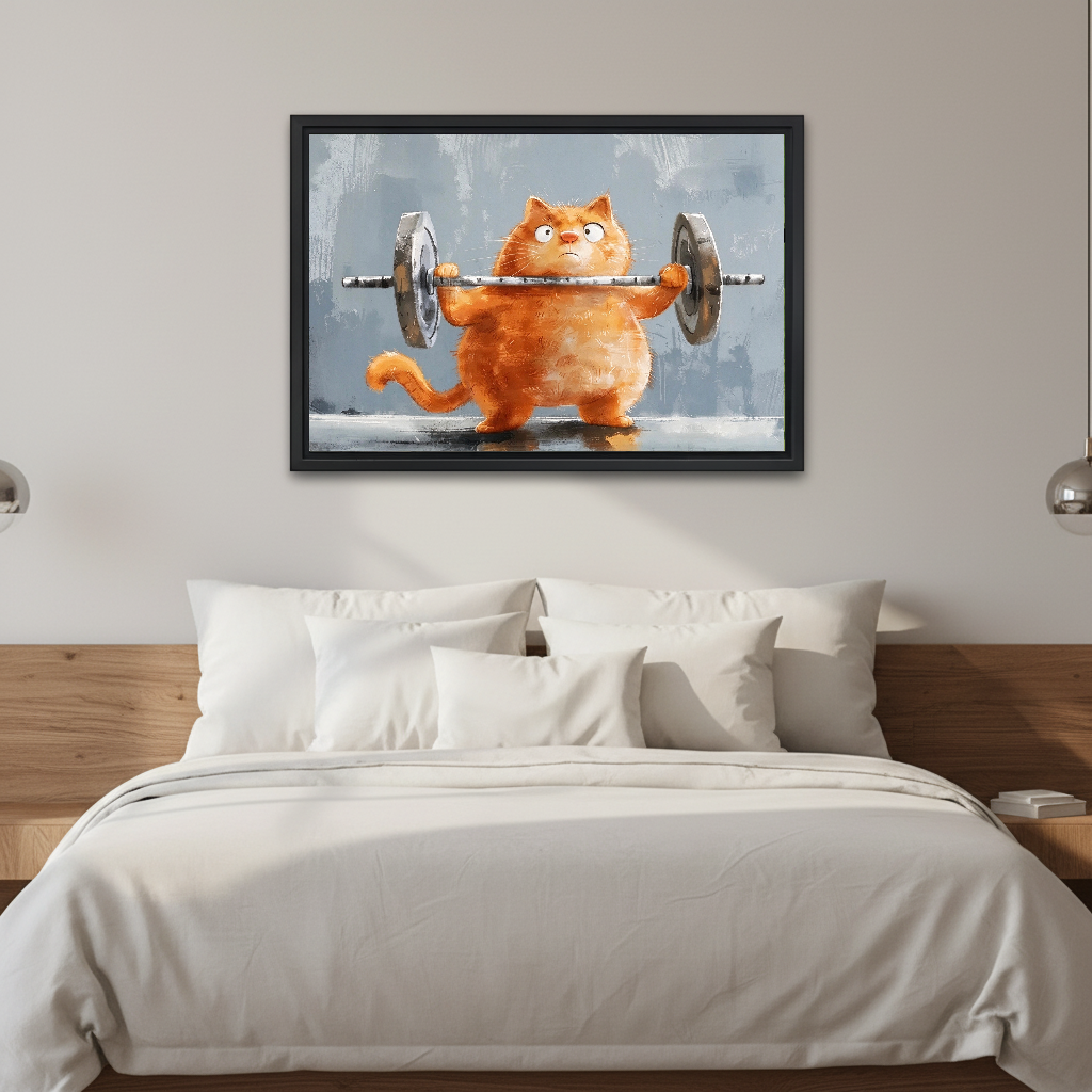 Weightlifting cat canvas wall art displayed above a white bed in a calm neutral bedroom.