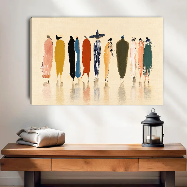 Whimsical Fashion Figures artwork as unframed canvas above a warm wooden table.