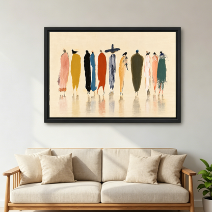 Whimsical Fashion Figures artwork in a black frame above a cream sofa with wooden arms.