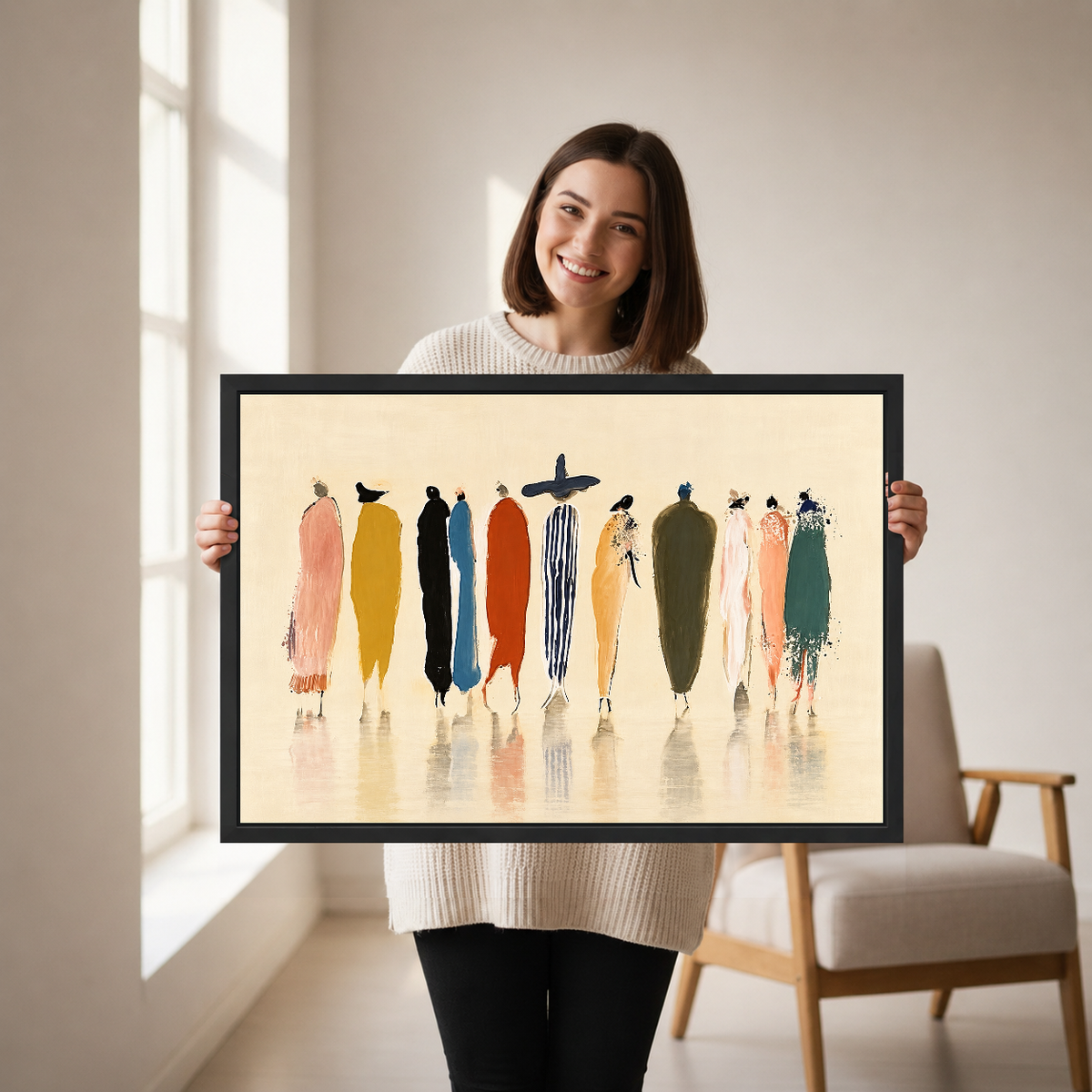 Whimsical Fashion Figures artwork held by a woman in a softly lit neutral living room.