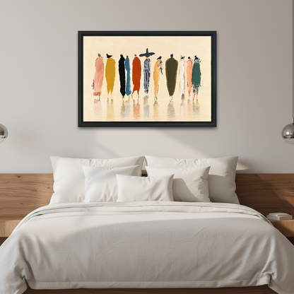 Whimsical Fashion Figures artwork in a black frame above a white bed in a calm bedroom.