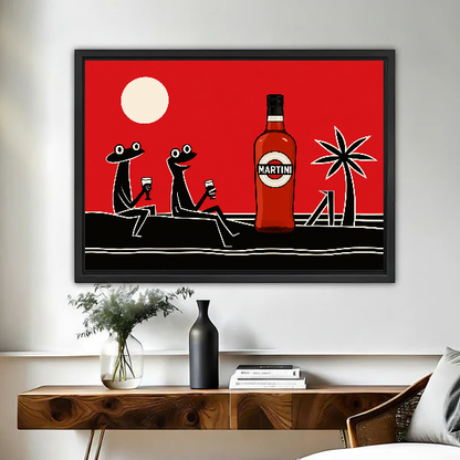 Retro Cocktail Frogs artwork in a black frame above a live-edge wooden desk.