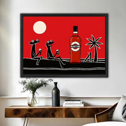 Retro Cocktail Frogs artwork in a black frame above a live-edge wooden desk.