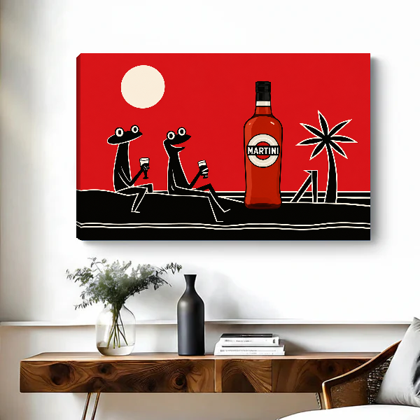 Retro Cocktail Frogs artwork as unframed canvas above a wooden desk with black vase.