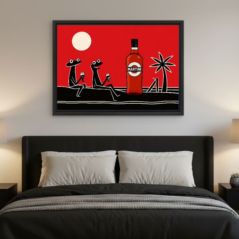 Retro Cocktail Frogs artwork in a black frame above a bed with dark headboard.