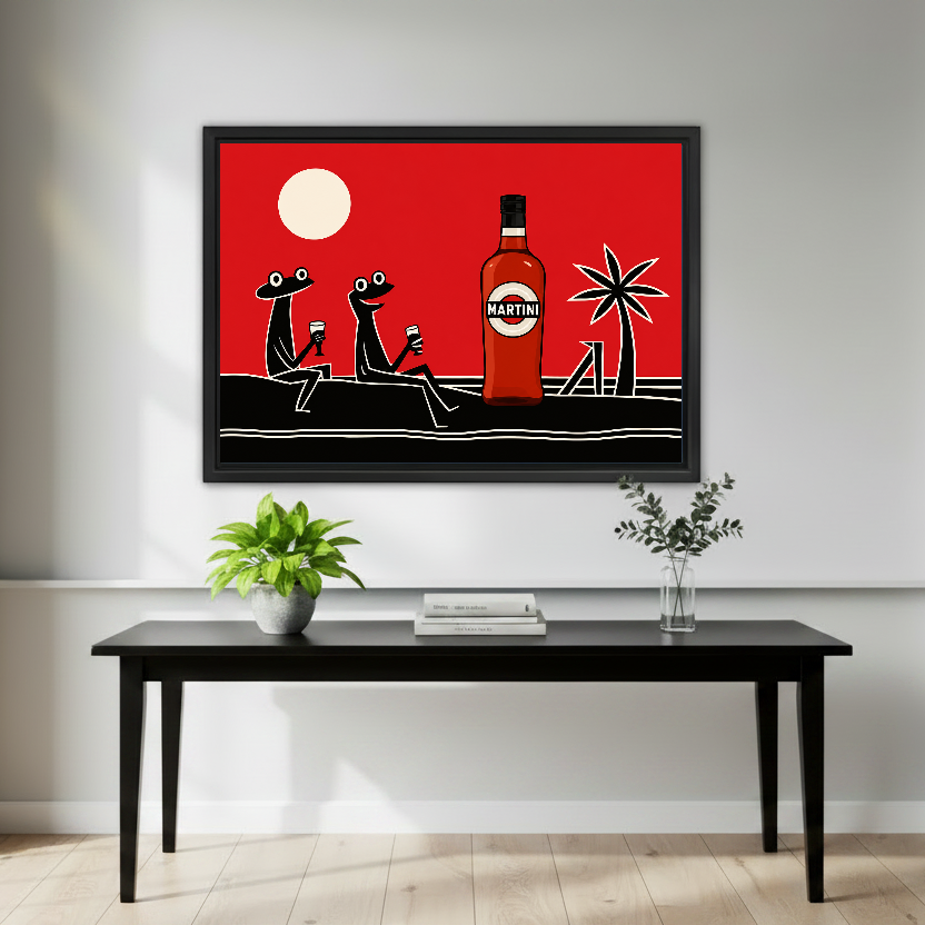 Retro Cocktail Frogs artwork in a black frame above a black console with plants.