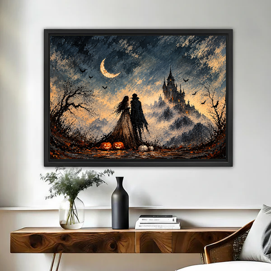 Gothic Couple Castle artwork in a black frame above a live-edge wooden desk.