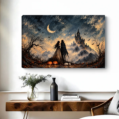 Gothic Couple Castle artwork as unframed canvas above a wooden desk with black vase.