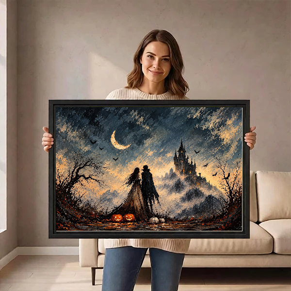 Gothic Couple Castle artwork held in a black frame by a woman beside a cream sofa.