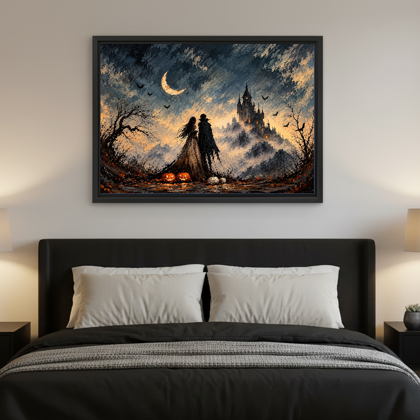 Gothic Couple Castle artwork in a black frame above a bed with dark headboard.