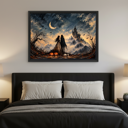 Gothic Couple Castle artwork in a black frame above a bed with dark headboard.