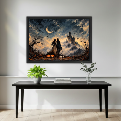 Gothic Couple Castle artwork in a black frame above a black console with plants.