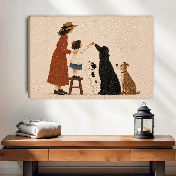 Mother Child Dogs artwork as unframed canvas above a warm wooden table.