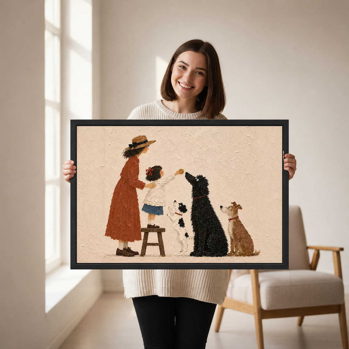 Mother Child Dogs artwork held by a woman in a softly lit neutral living room.