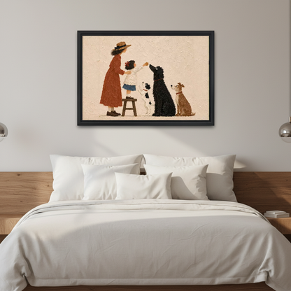 Mother Child Dogs artwork in a black frame above a white bed in a calm bedroom.