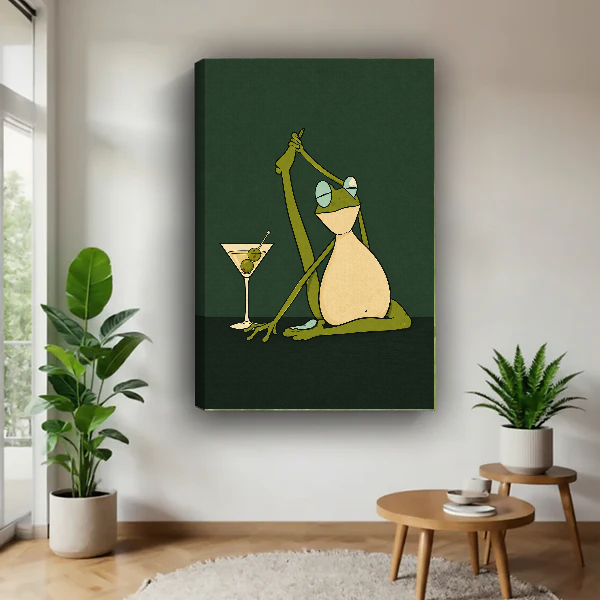 Funny Yoga Martini Frog artwork as unframed canvas beside green plants and a wooden table.