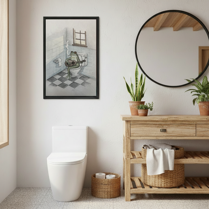 Funny Guitar Bathroom Frog artwork in a black frame beside a wooden vanity and round mirror.