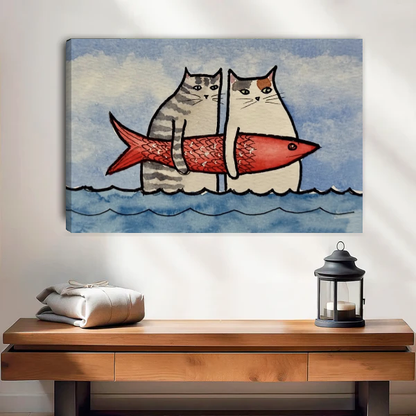 Funny Cats Red Fish artwork as unframed canvas above a warm wooden table.